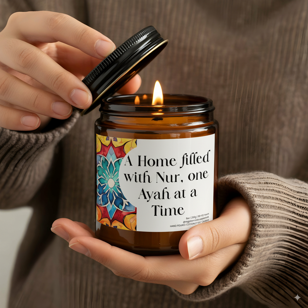 “A Home Filled With Nur, One Ayah at a Time” Islamic soy candle in amber glass jar on a neutral décor tray