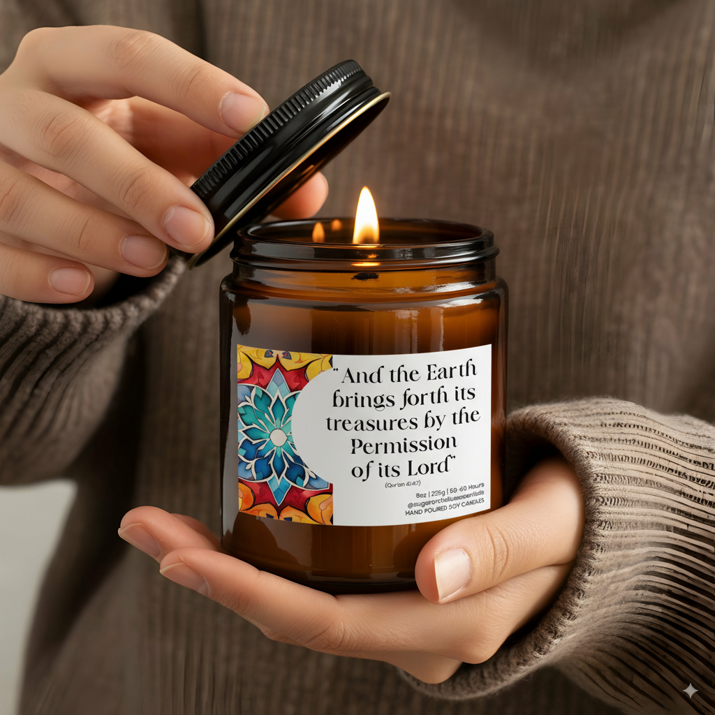 “The Earth Brings Forth Its Treasures” Islamic soy candle in amber glass jar styled with neutral, earthy décor
