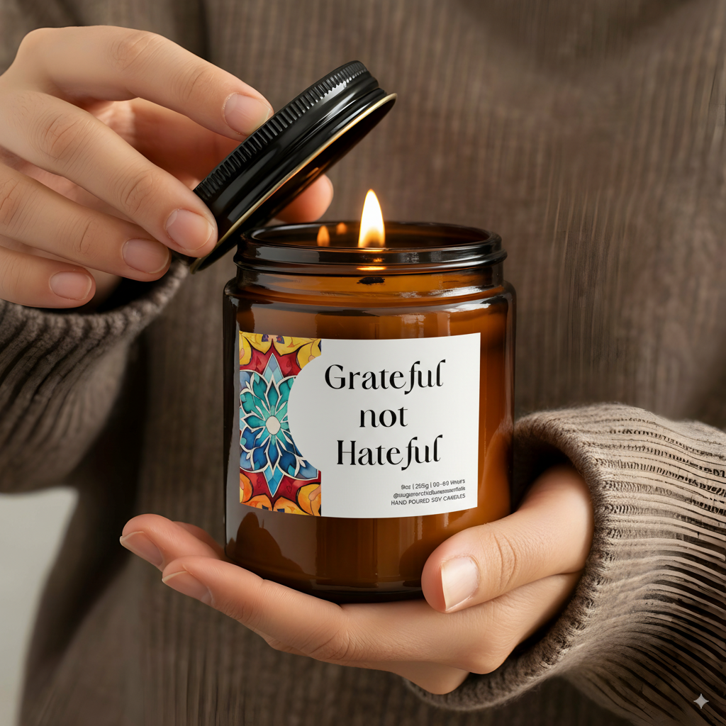 “Grateful Not Hateful” Islamic soy candle in amber glass jar on a neutral décor tray