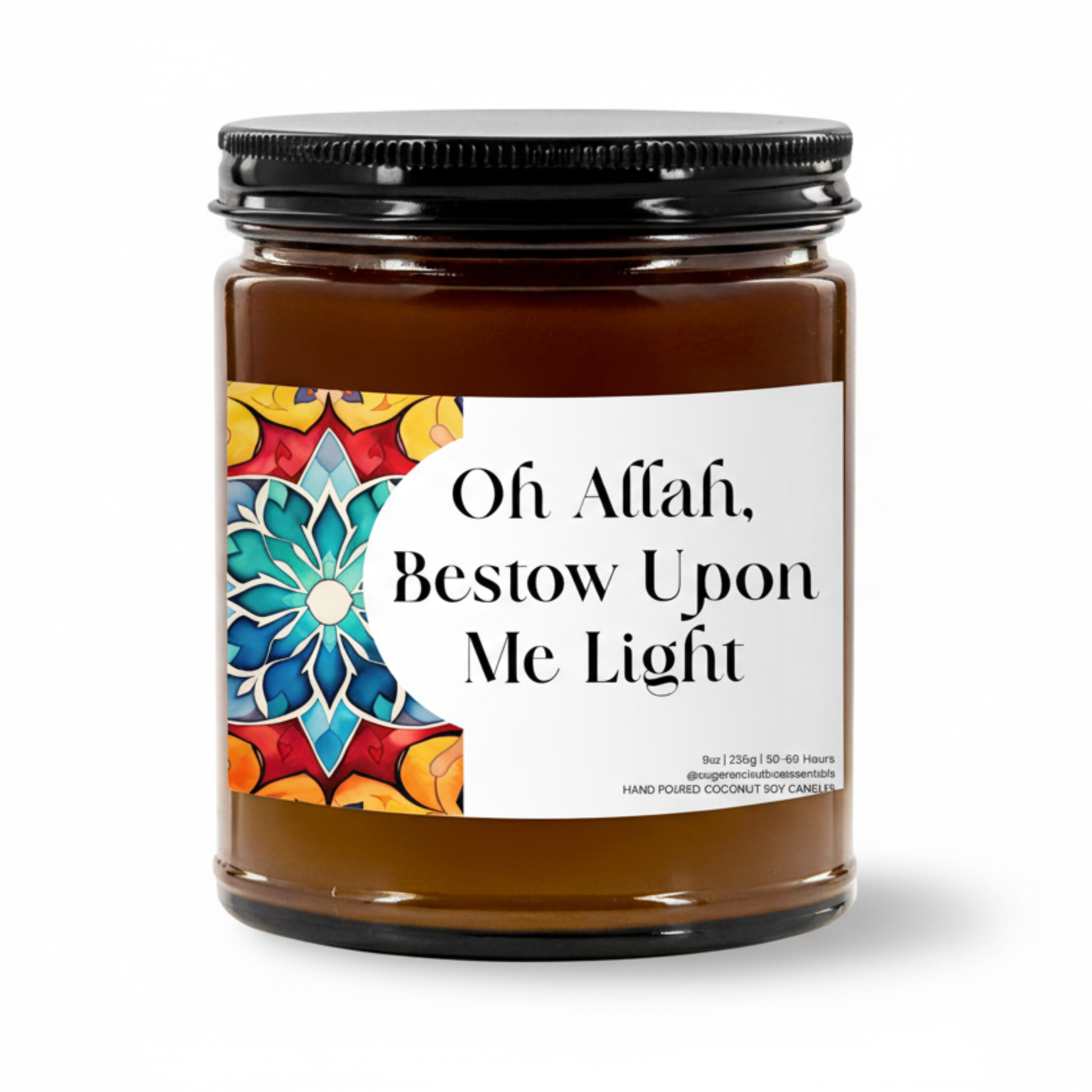 “Oh Allah, Bestow Upon Me Light” Islamic soy candle in amber glass jar on a neutral décor tray