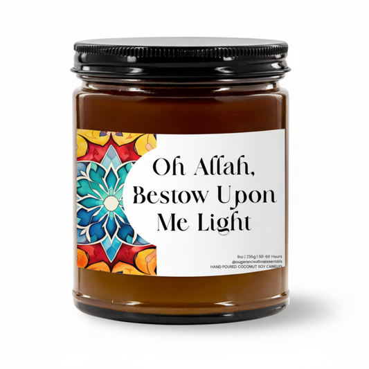 “Oh Allah, Bestow Upon Me Light” Islamic soy candle in amber glass jar on a neutral décor tray