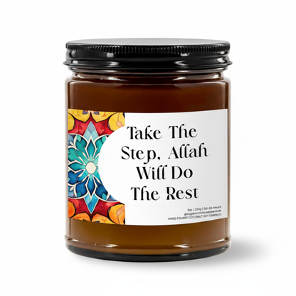 Take the Step, Allah Will Do the Rest” Islamic soy candle in amber glass jar on a neutral décor tray