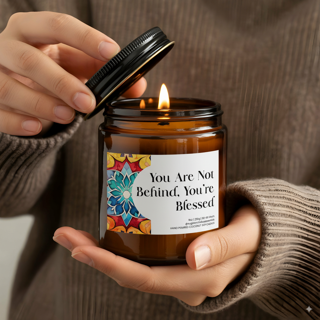 “You Are Not Behind, You’re Blessed” Islamic soy candle in amber glass jar on a neutral décor tray