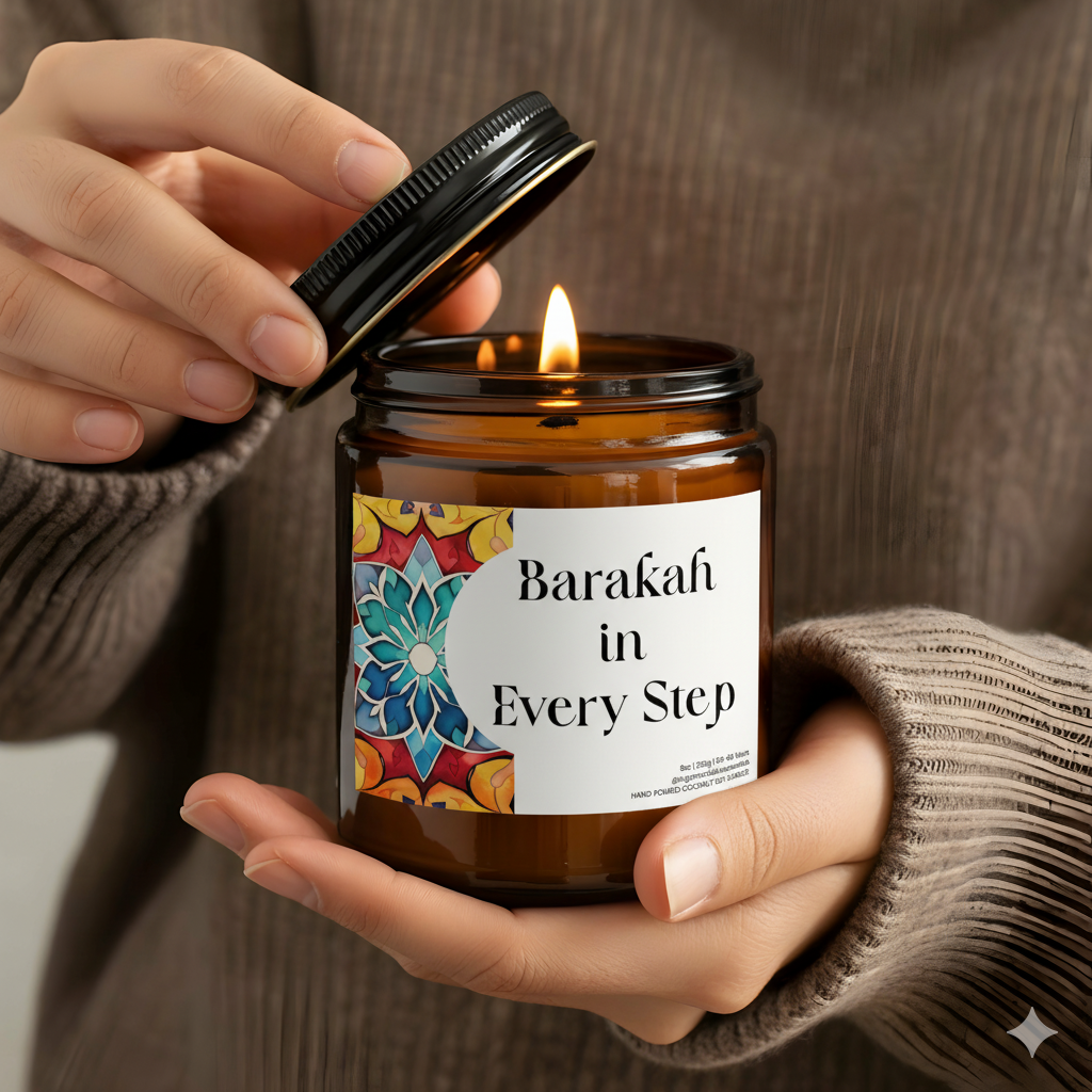 “Barakah in every step” Islamic soy candle in amber glass jar styled on a neutral décor tray
