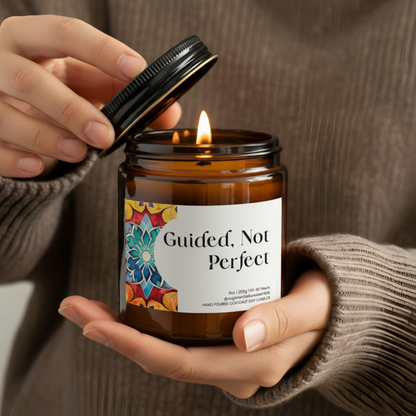 “Guided Not Perfect” Islamic soy candle in amber glass jar on a neutral décor tray