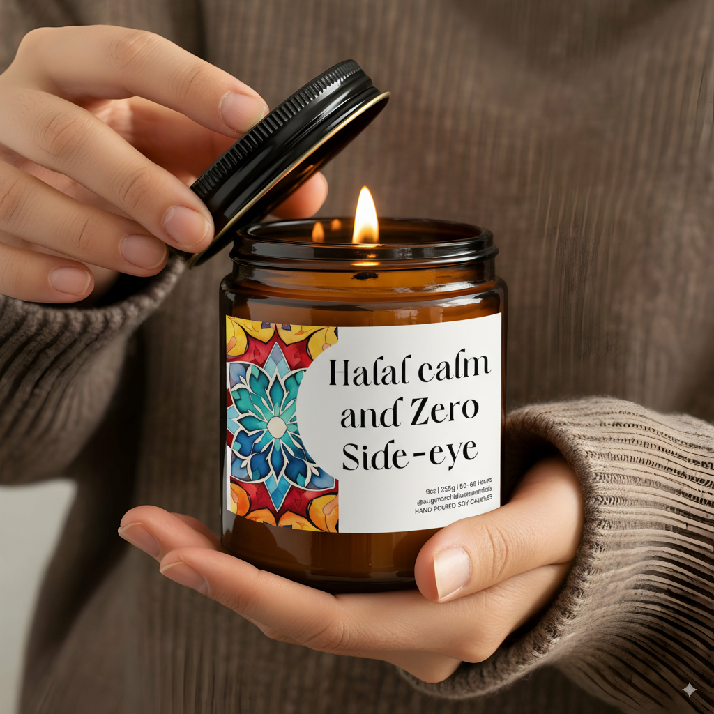 “Halal Calm and Zero Side-Eye” Islamic soy candle in amber glass jar on a neutral décor tray